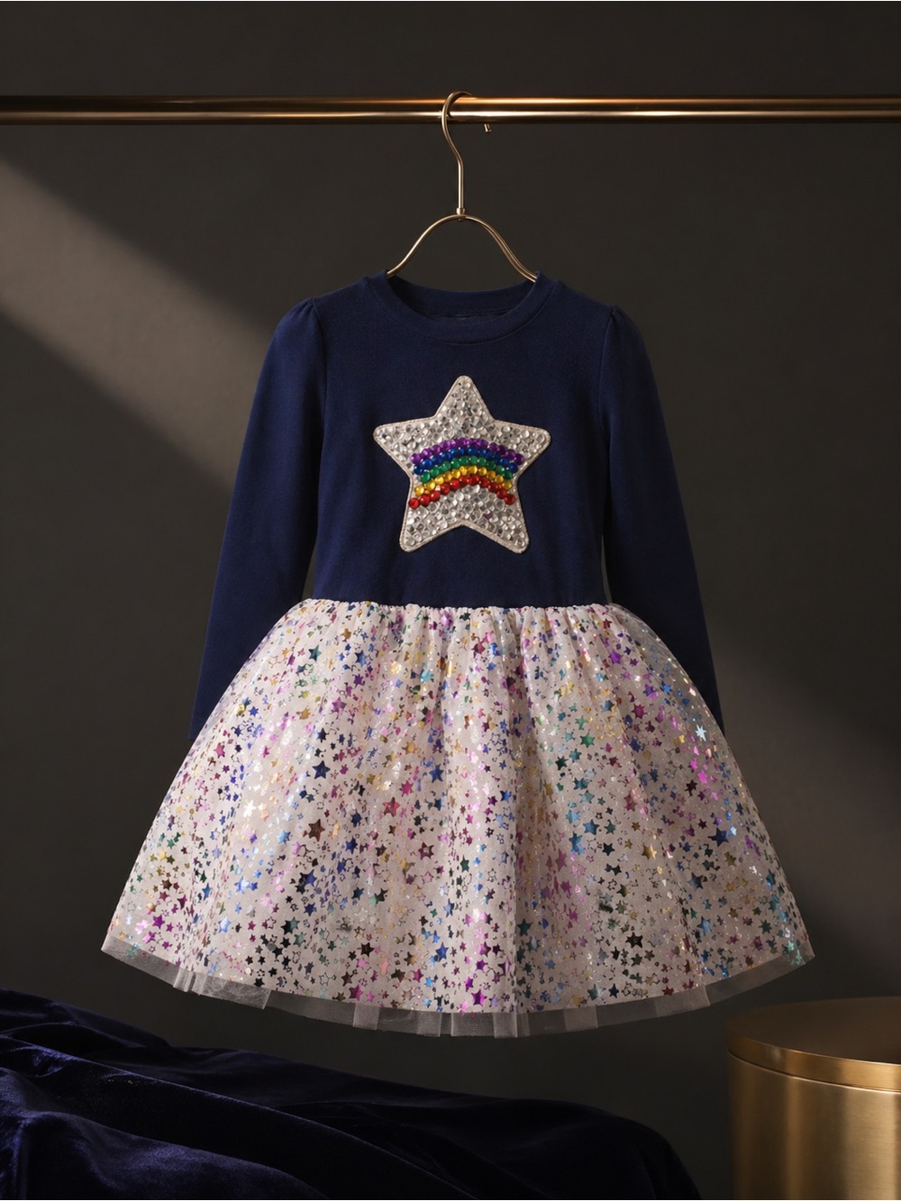 Girls Navy Long Sleeve Rainbow Star Tutu Dress Size 12 - Picture 3 of 4